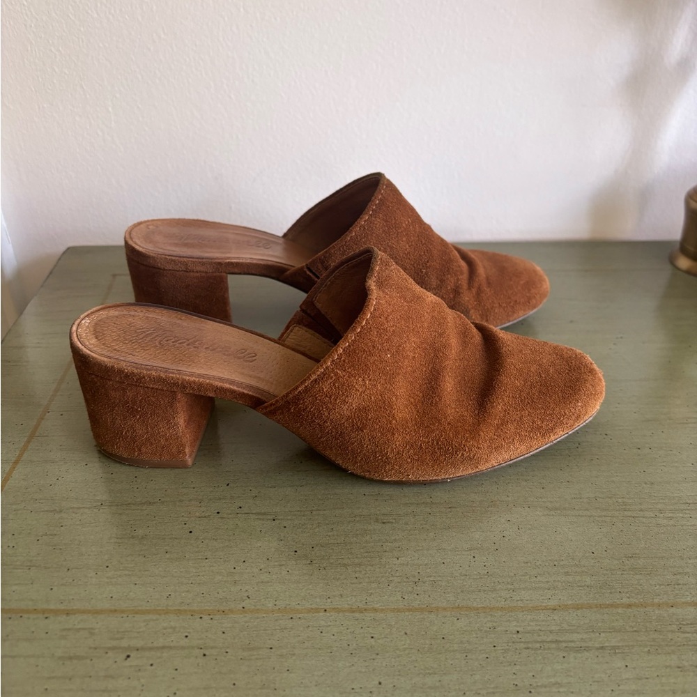 Madewell Suede Mule Heels in Cognac Brown - Women's Slip-On Block Heel - Picture 2 of 7